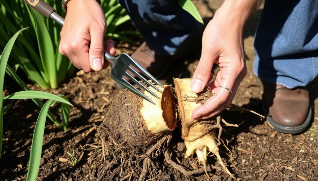 Przesadzanie irysa syberyjskiego - rozdzielanie kępy kłączy Przesadzanie irysa syberyjskiego - rozdzielanie kępy kłączy