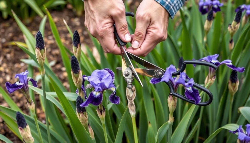 Przycinanie przekwitłych kwiatostanów irysa syberyjskiego za pomocą sekatora