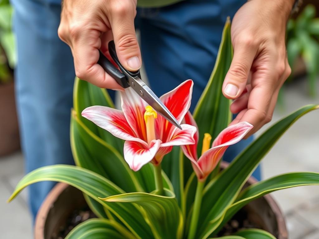 Przycinanie przekwitłych kwiatostanów kanny w donicy