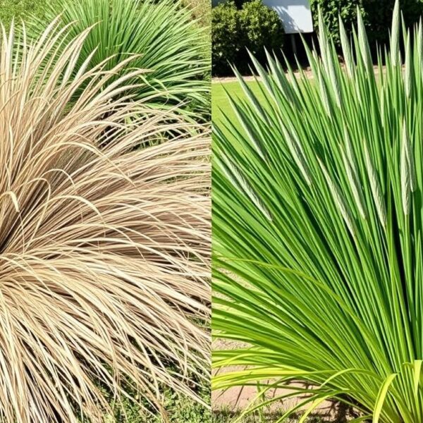 Przycinanie traw ozdobnych - porównanie trawy przed i po cięciu