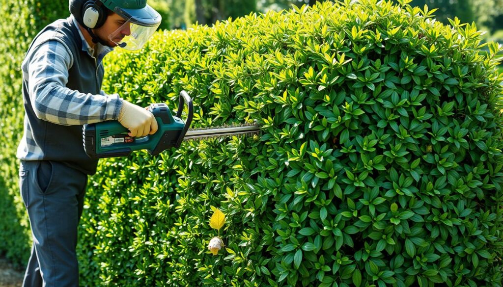 Przycinanie żywopłotu z grabu nożycami elektrycznymi Przycinanie żywopłotu z grabu nożycami elektrycznymi