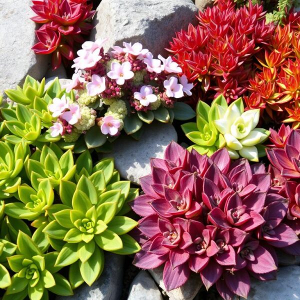 Rabata z rozchodnikami w ogrodzie skalnym z różnymi odmianami o kolorowych liściach i kwiatach