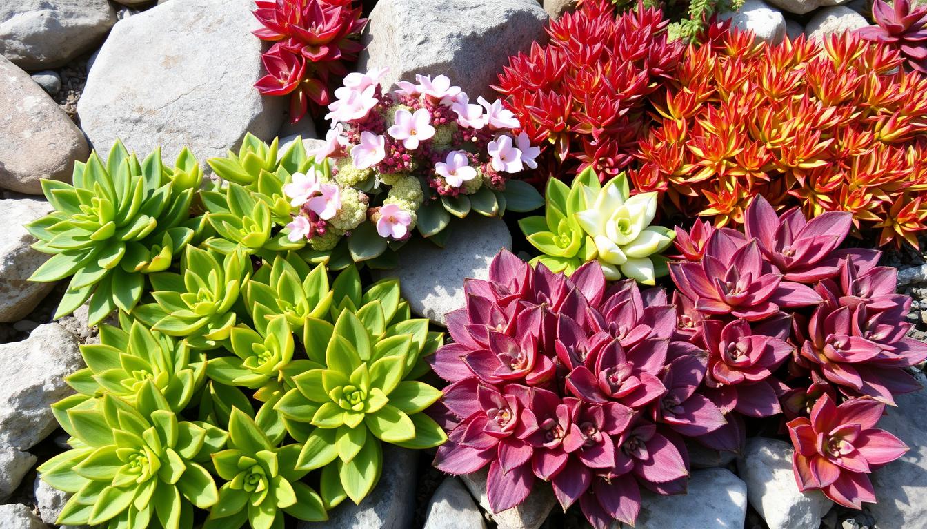 Rabata z rozchodnikami w ogrodzie skalnym z różnymi odmianami o kolorowych liściach i kwiatach
