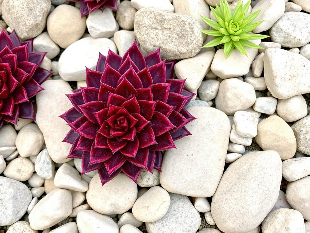 Rojnik morgana z charakterystycznymi czerwonymi rozetami w ogrodzie skalnym Rojnik morgana z charakterystycznymi czerwonymi rozetami w ogrodzie skalnym