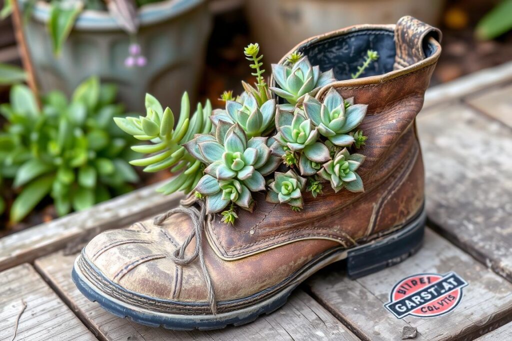Rojniki posadzone w starym bucie jako oryginalny pomysł na dekorację ogrodu Rojniki posadzone w starym bucie jako oryginalny pomysł na dekorację ogrodu