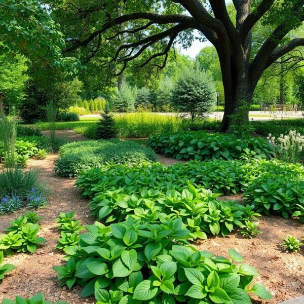 Rośliny okrywowe do suchego cienia rosnące pod drzewami w ogrodzie