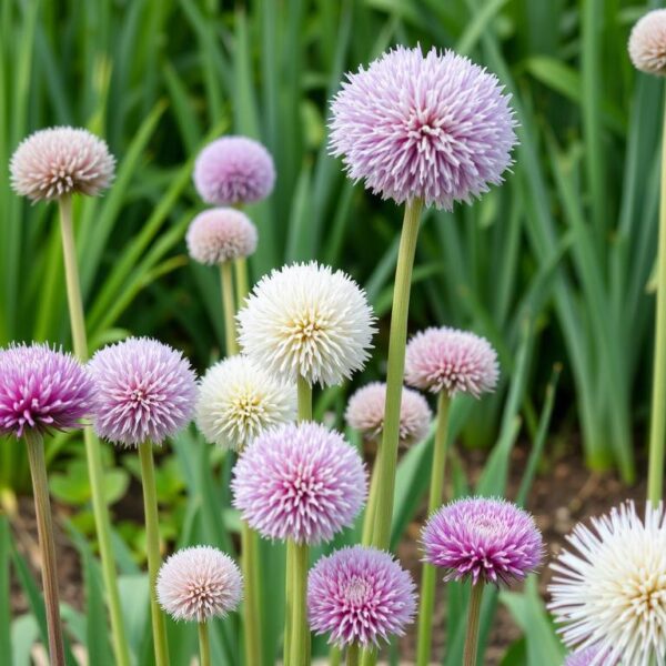 Różne odmiany czosnku ozdobnego (Allium) w ogrodzie pokazujące różnorodność kolorów i kształtów kwiatostanów