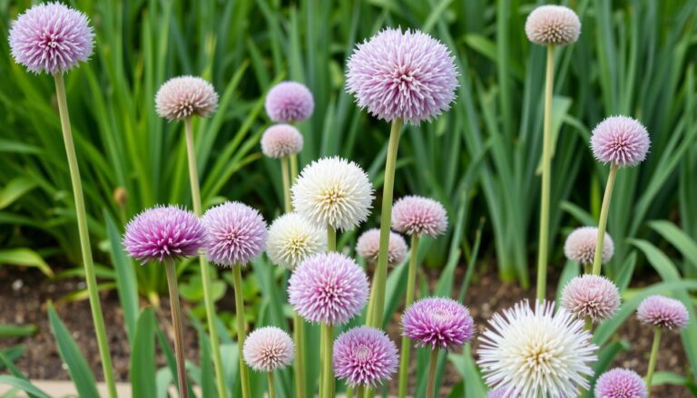 Różne odmiany czosnku ozdobnego (Allium) w ogrodzie pokazujące różnorodność kolorów i kształtów kwiatostanów