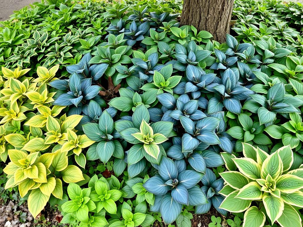 Różne odmiany funkii jako rośliny okrywowe pod drzewami
