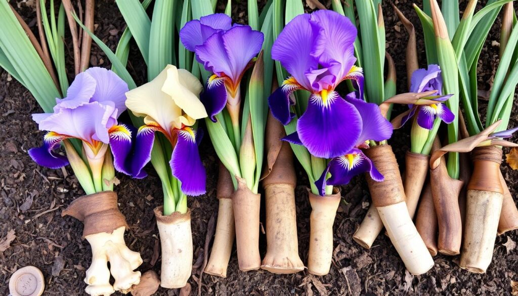 Różne odmiany irysów kłączowych gotowe do sadzenia jesienią Różne odmiany irysów kłączowych gotowe do sadzenia jesienią