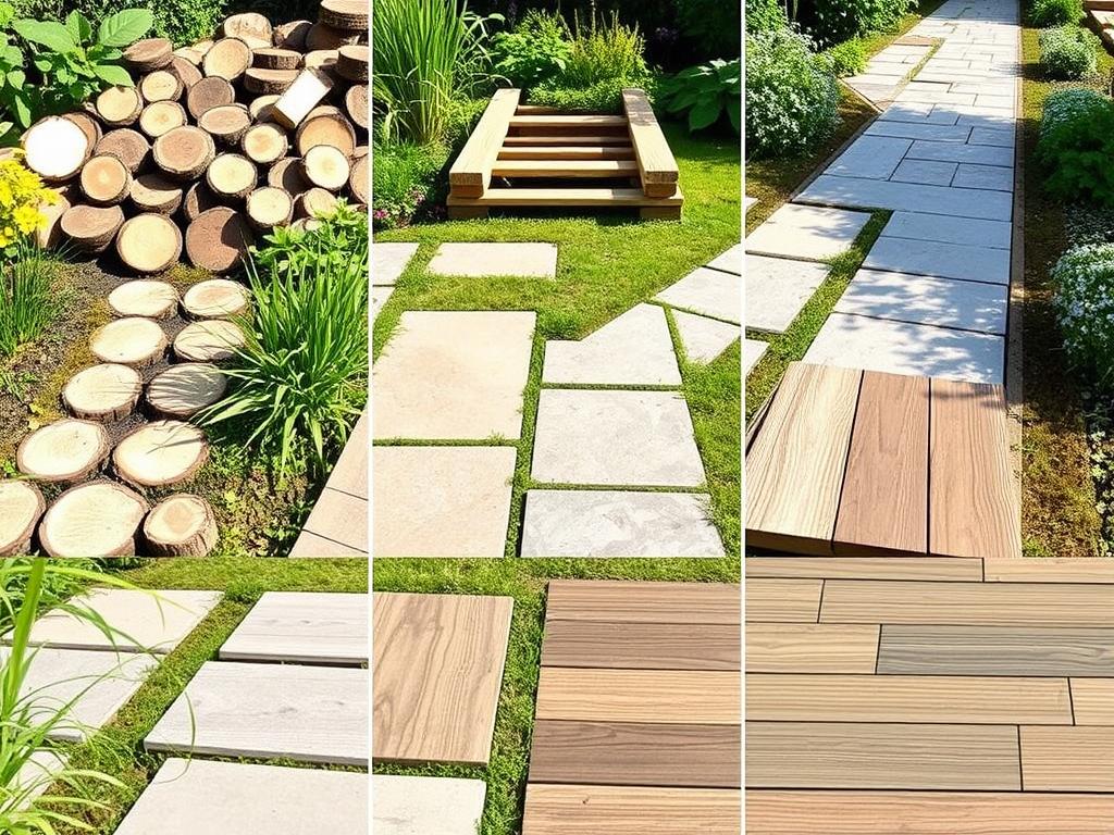Różne rodzaje ścieżek ogrodowych z elementów drewnianych i imitujących drewno