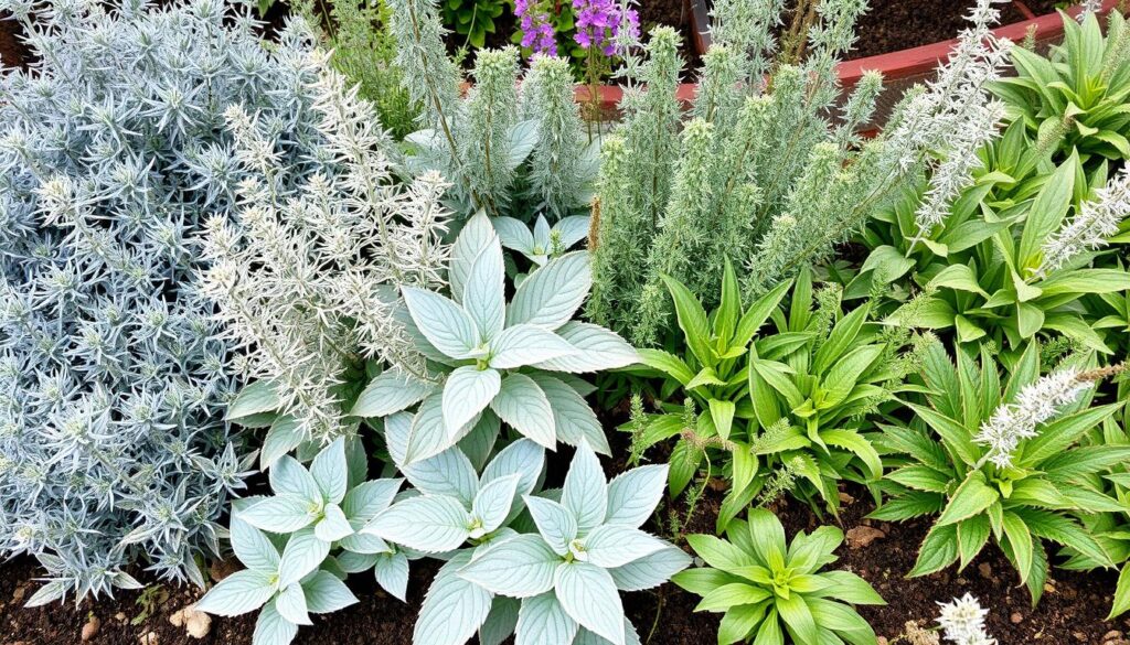 Różne rośliny o srebrnych liściach w ogrodzie