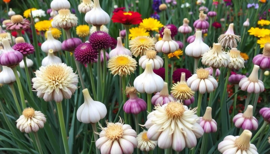 Różnorodne odmiany czosnku ozdobnego w pięknym ogrodzie Różnorodne odmiany czosnku ozdobnego w pięknym ogrodzie