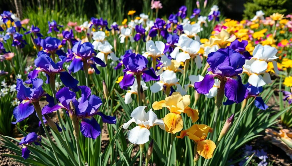 Różnorodność kolorów irysów syberyjskich w ogrodzie Różnorodność kolorów irysów syberyjskich w ogrodzie