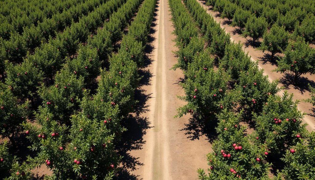 Sad czereśniowy z widocznym rozstawem między drzewami - sadzenie drzewek owocowych