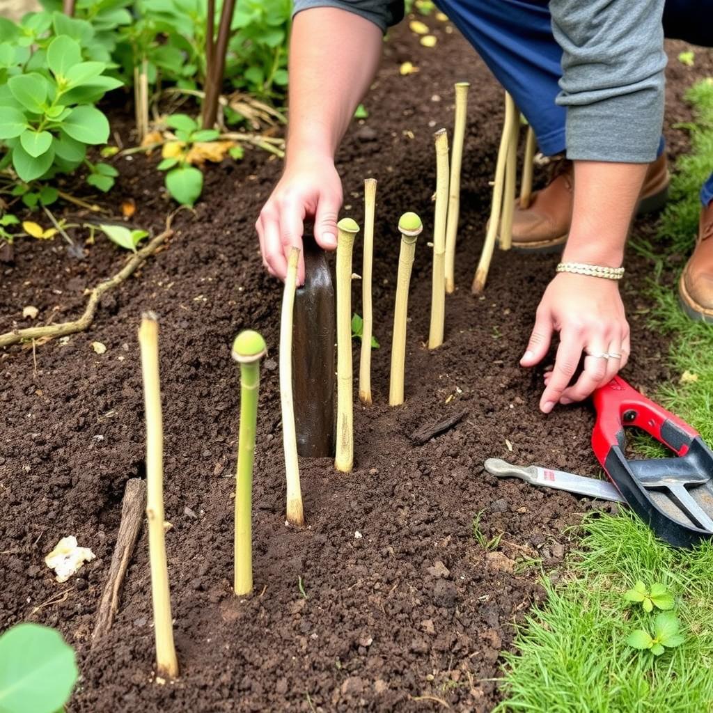 Sadzenie sadzonek zdrewniałych bezpośrednio w gruncie w rzędzie jako przyszły żywopłot