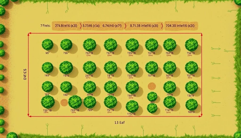 Schemat rozmieszczenia drzewek owocowych w sadzie z zaznaczonymi odległościami - sadzenie drzewek owocowych
