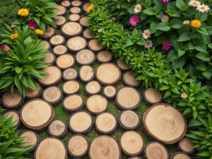 Ścieżka z plastrów drewna w ogrodzie otoczona zielenią