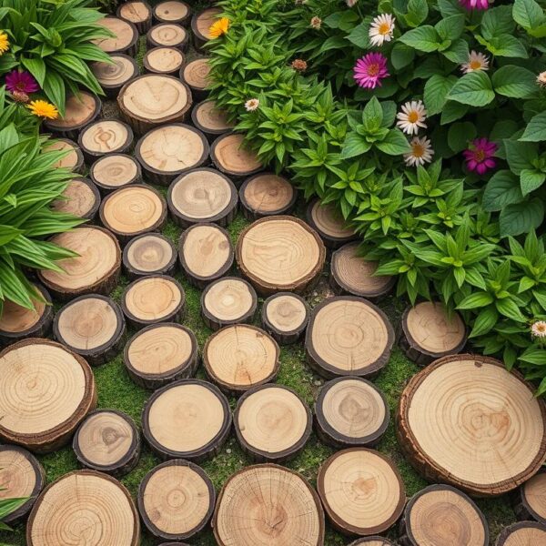 Ścieżka z plastrów drewna w ogrodzie otoczona zielenią