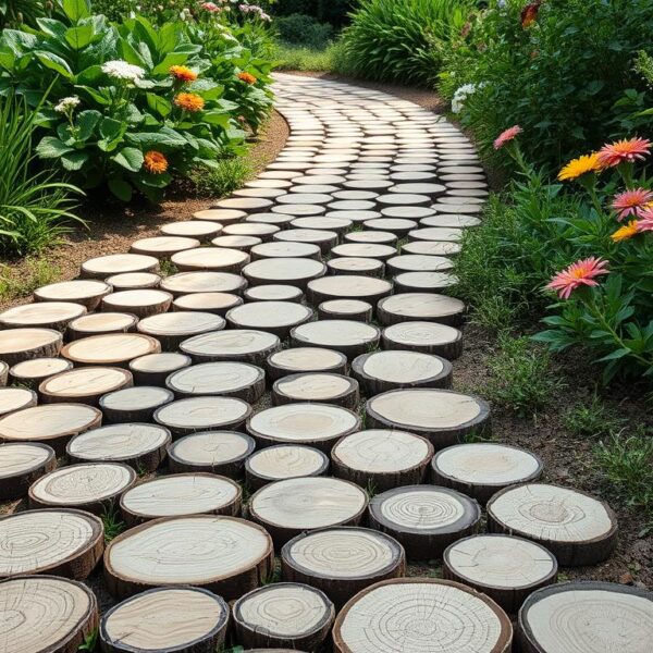 Ścieżka z plastrów drewna w ogrodzie otoczona zielenią