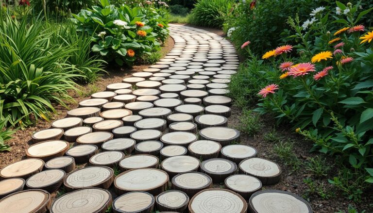 Ścieżka z plastrów drewna w ogrodzie otoczona zielenią