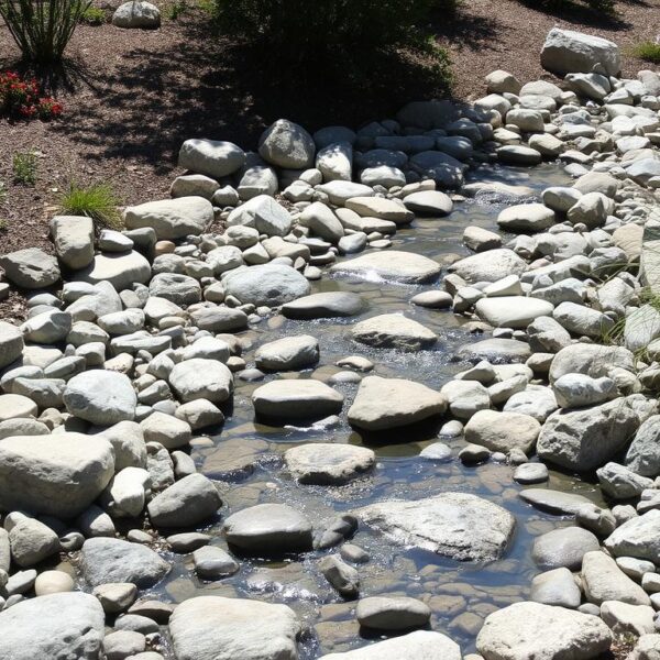 Sucha rzeka w ogrodzie z kamieniami różnej wielkości i ozdobnymi trawami