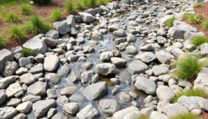 Sucha rzeka z kamieni w ogrodzie z roślinnością wzdłuż brzegów