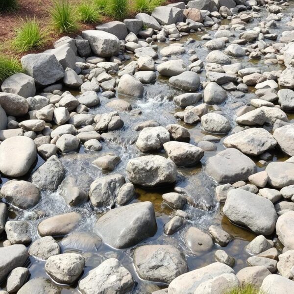 Sucha rzeka z kamieni w ogrodzie z roślinnością wzdłuż brzegów