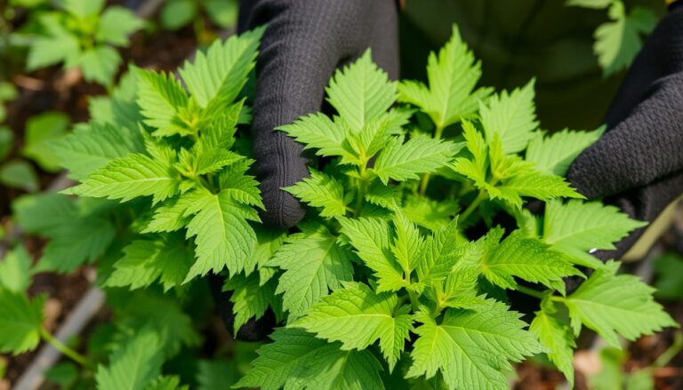 Świeże liście pokrzywy zbierane do przygotowania gnojówki