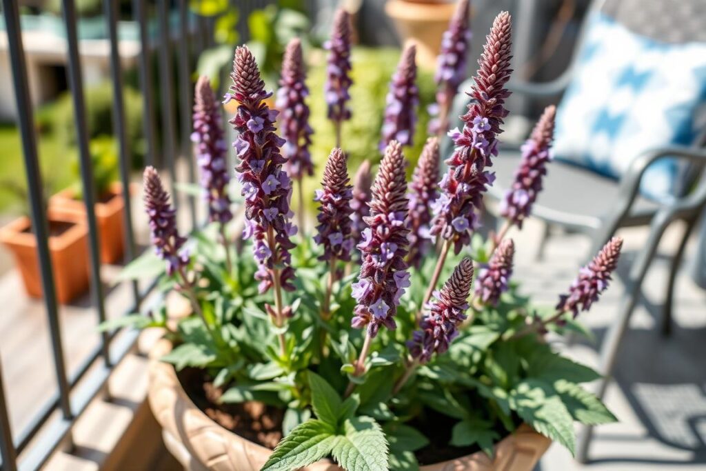 Szałwia omszona uprawiana w ozdobnej doniczce na balkonie Szałwia omszona uprawiana w ozdobnej doniczce na balkonie