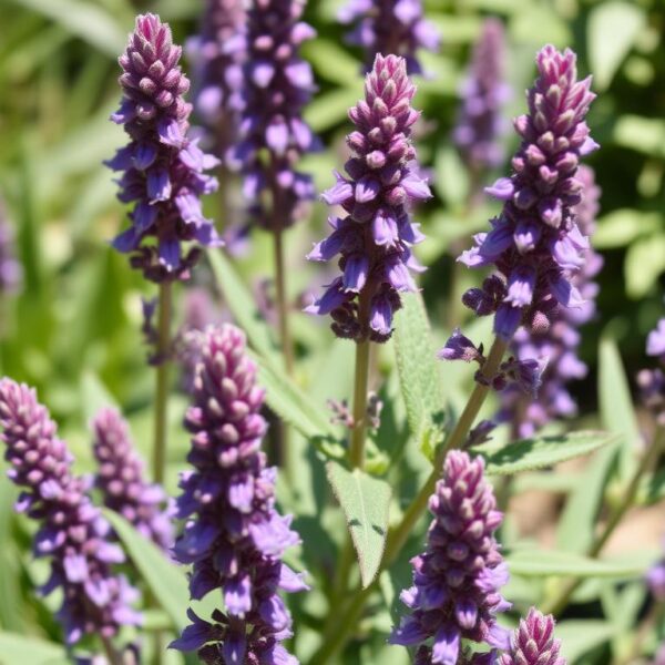 Szałwia omszona w pełnym kwitnieniu pokazująca charakterystyczne fioletowe kwiatostany i omszone liście