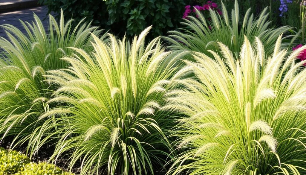 Trawa ostnica przycinanie - efekt prawidłowej pielęgnacji, bujne kępy ostnicy w letnim ogrodzie Trawa ostnica przycinanie - efekt prawidłowej pielęgnacji, bujne kępy ostnicy w letnim ogrodzie