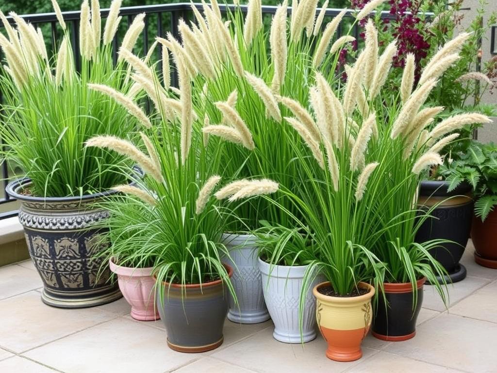 Trawy ozdobne w donicach na tarasie Trawy ozdobne w donicach na tarasie