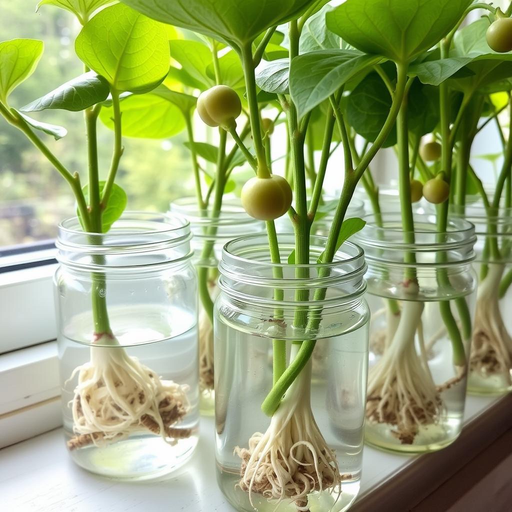 Ukorzenianie sadzonek hortensji w wodzie - patyki z pąkami w szklanych naczyniach