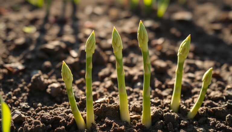 Uprawa szparagów w ogrodzie - zielone wypustki szparagów wyrastające z ziemi