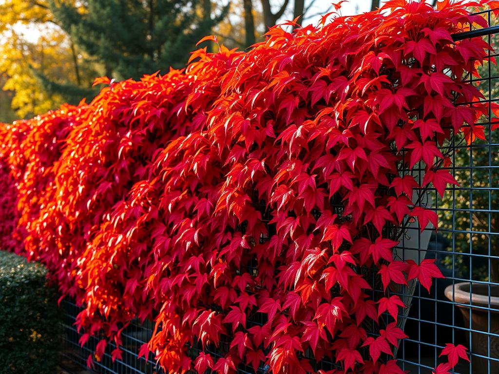 Winobluszcz na ogrodzeniu z siatki jesienią Winobluszcz na ogrodzeniu z siatki jesienią
