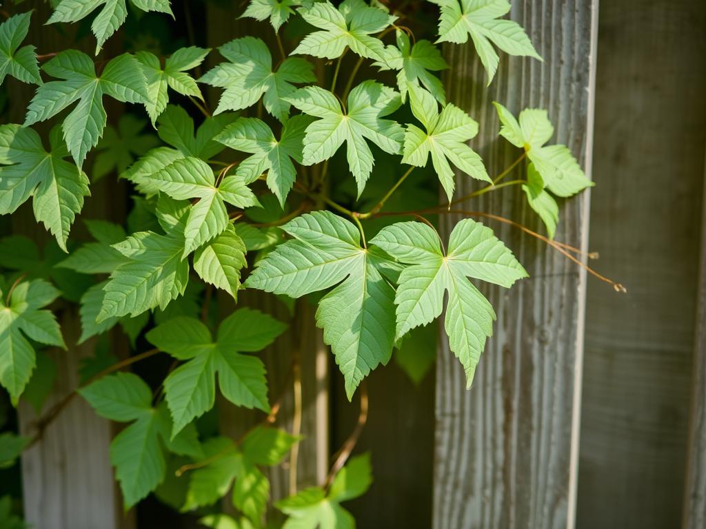 Winobluszcz pięciolistkowy z charakterystycznymi liśćmi na ogrodzeniu Winobluszcz pięciolistkowy z charakterystycznymi liśćmi na ogrodzeniu