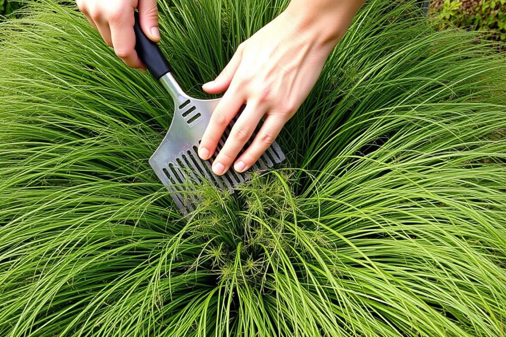 Wyczesywanie trawy ozdobnej zamiast przycinania Wyczesywanie trawy ozdobnej zamiast przycinania