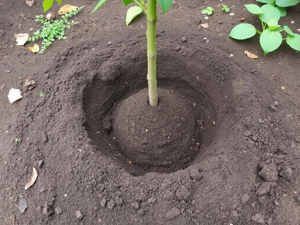 Wykopany dołek pod sadzenie drzewka owocowego z widocznym kopczykiem ziemi