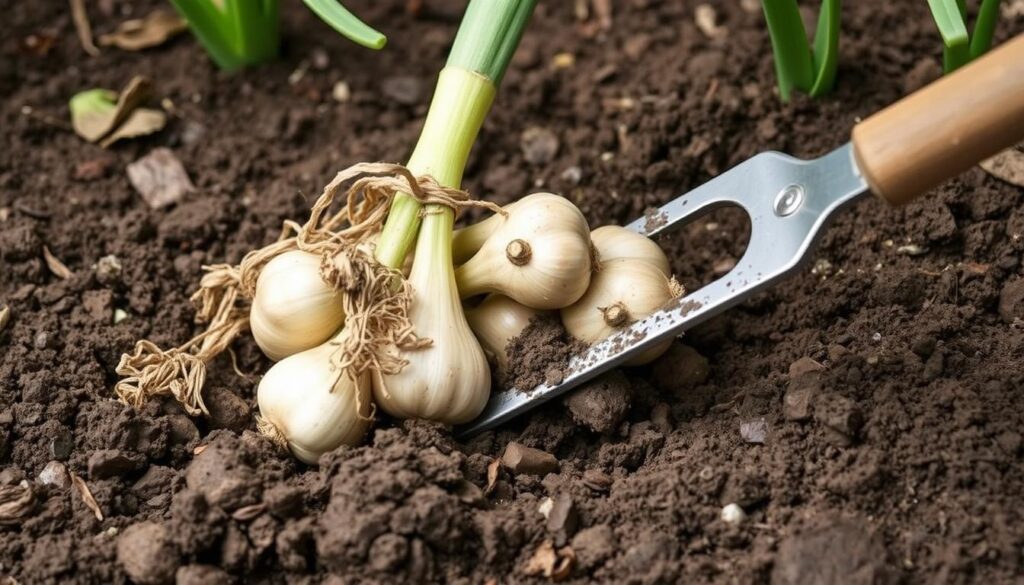 Wykopywanie cebulek czosnku ozdobnego po przekwitnięciu Wykopywanie cebulek czosnku ozdobnego po przekwitnięciu