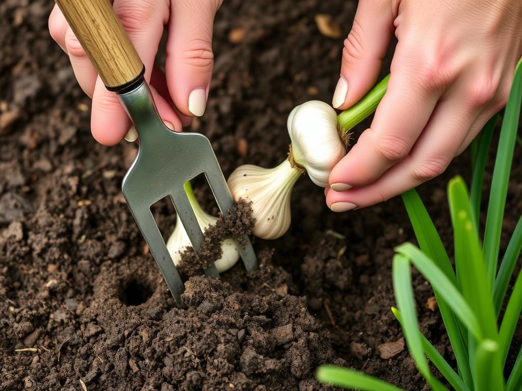 Wykopywanie cebulek czosnku ozdobnego po przekwitnięciu Wykopywanie cebulek czosnku ozdobnego po przekwitnięciu