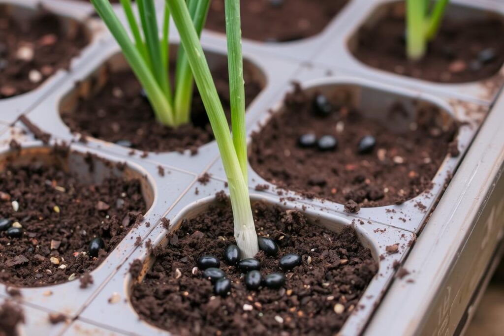 Wysiew nasion czosnku ozdobnego w doniczkach Wysiew nasion czosnku ozdobnego w doniczkach