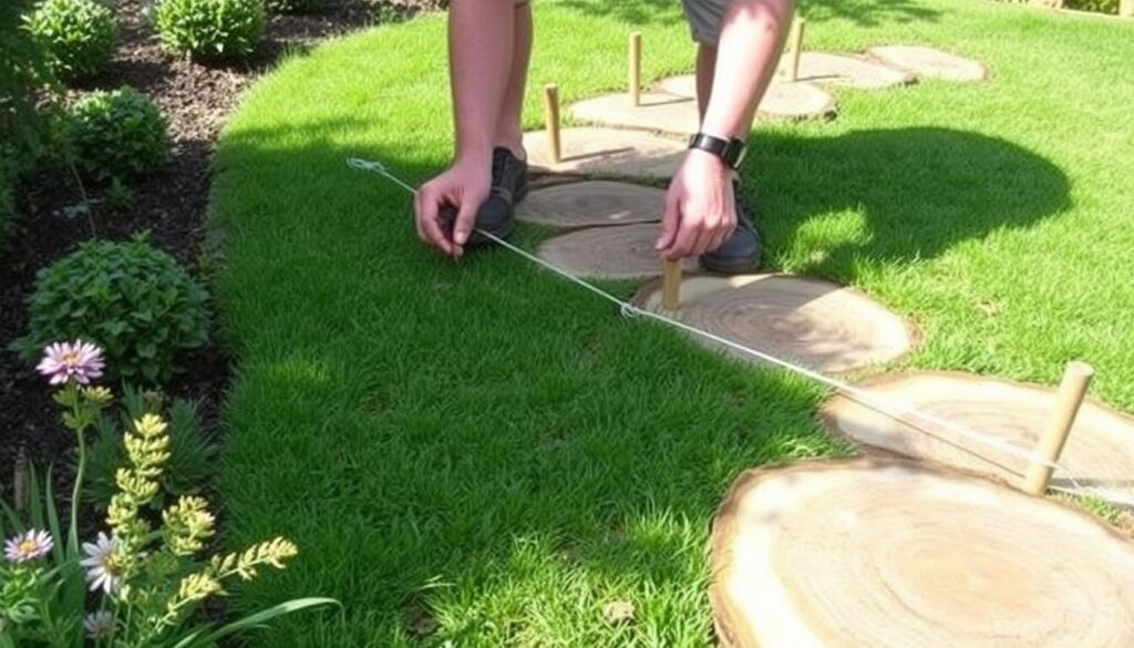 Wytyczanie przebiegu ścieżki z plastrów drewna w ogrodzie