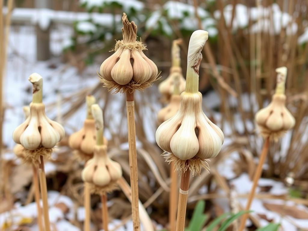 Zasuszone kwiatostany czosnku ozdobnego pozostawione na zimę jako element dekoracyjny ogrodu
