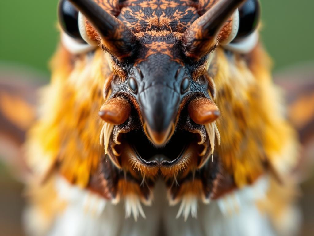 Zbliżenie na aparat gębowy fruczaka gołąbka pokazujące ssawkę służącą do pobierania nektaru Zbliżenie na aparat gębowy fruczaka gołąbka pokazujące ssawkę służącą do pobierania nektaru