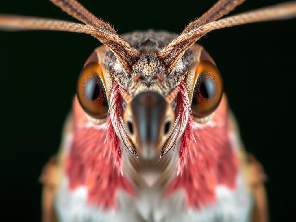 Zbliżenie na głowę fruczaka gołąbka z widoczną ssawką Zbliżenie na głowę fruczaka gołąbka z widoczną ssawką