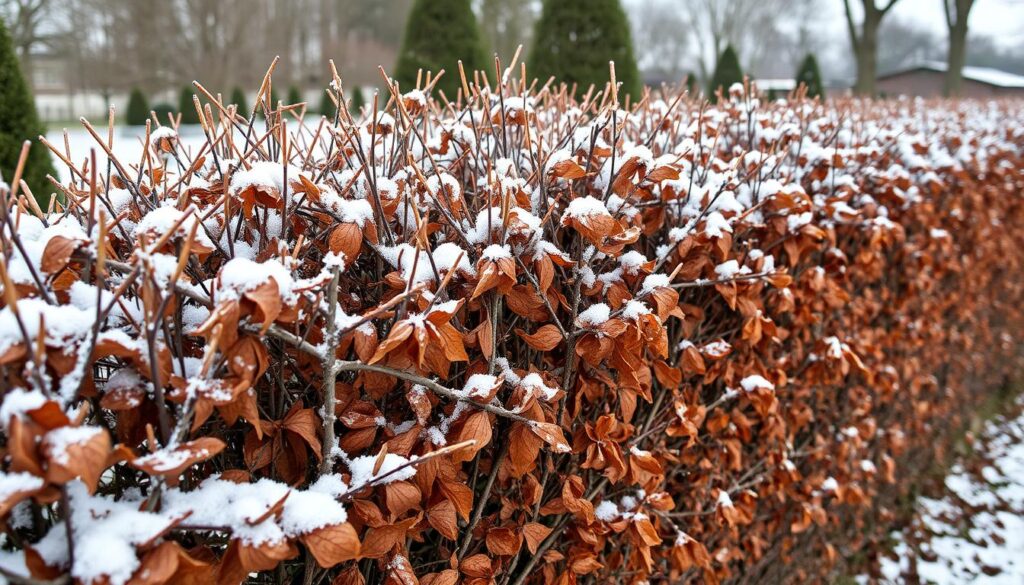 Żywopłot grabowy zimą z zachowanymi brązowymi liśćmi Żywopłot grabowy zimą z zachowanymi brązowymi liśćmi