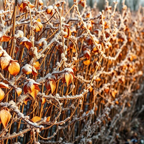 Żywopłot z grabu zimą pokryty szronem z brązowymi liśćmi