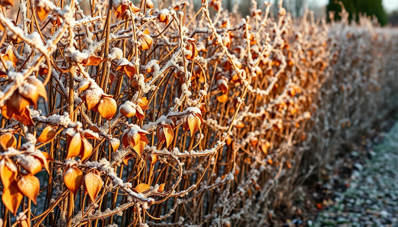 Żywopłot z grabu zimą pokryty szronem z brązowymi liśćmi