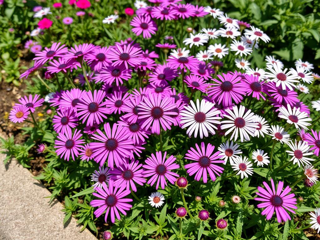 Marcinki astry niskie w różnych kolorach rosnące w ogrodzie